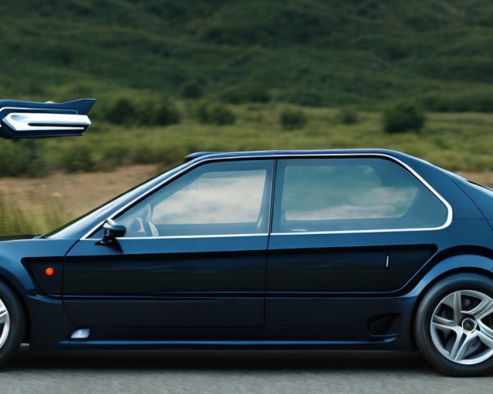 Blue sports sedan on road with futuristic hovering ad in green hills landscape