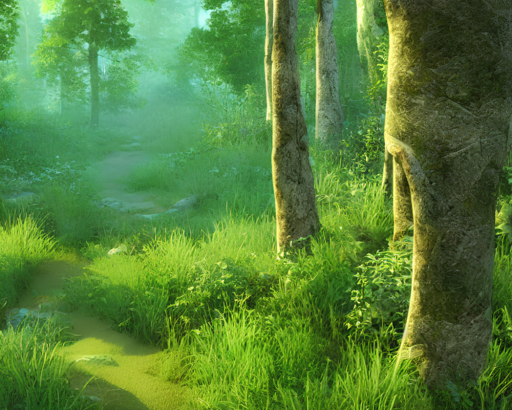 Serene forest scene with winding path and morning mist