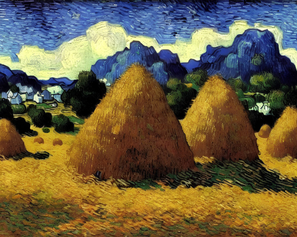 Post-Impressionist Painting: Three Haystacks, Village, and Blue Mountains under Swirling