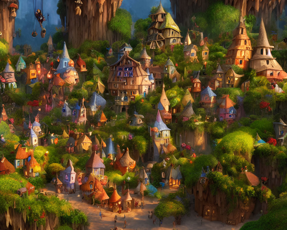 Whimsical fantasy village nestled among giant tree trunks