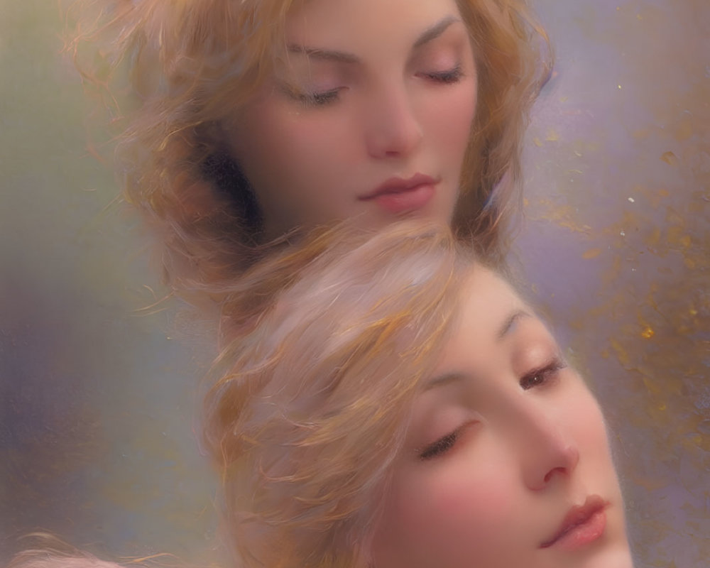 Soft-focus portrait of two women in peaceful, dreamy state with blonde hair and warm background