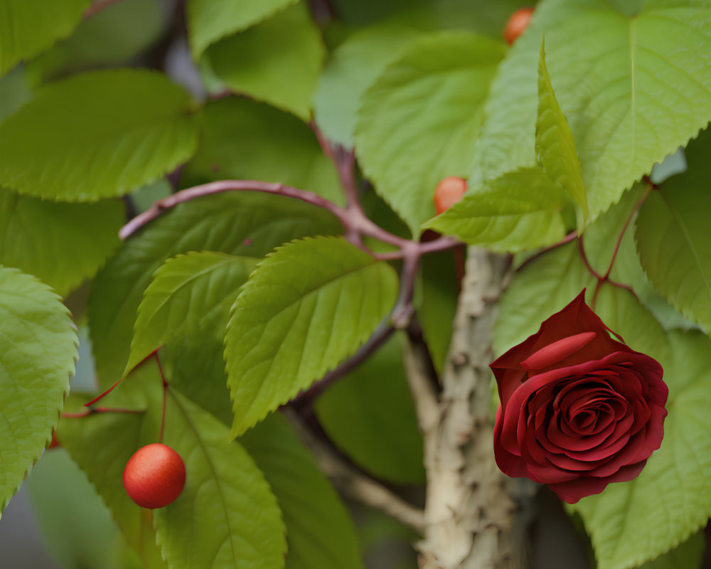 Red rose on cherry tree branch with green leaves and cherries.