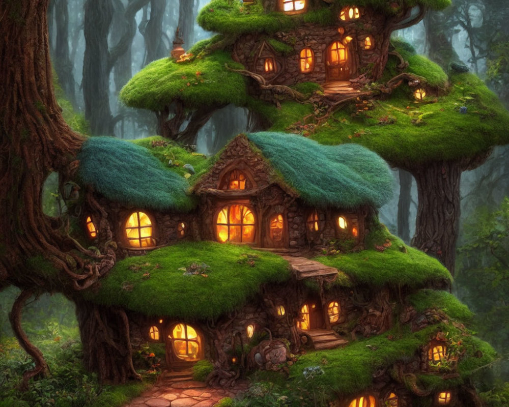 Magical Enchanted Forest with Moss-Covered Trees and Whimsical Houses