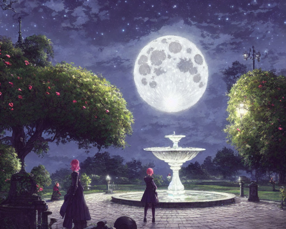 Night scene with individuals by fountain and moon in serene park