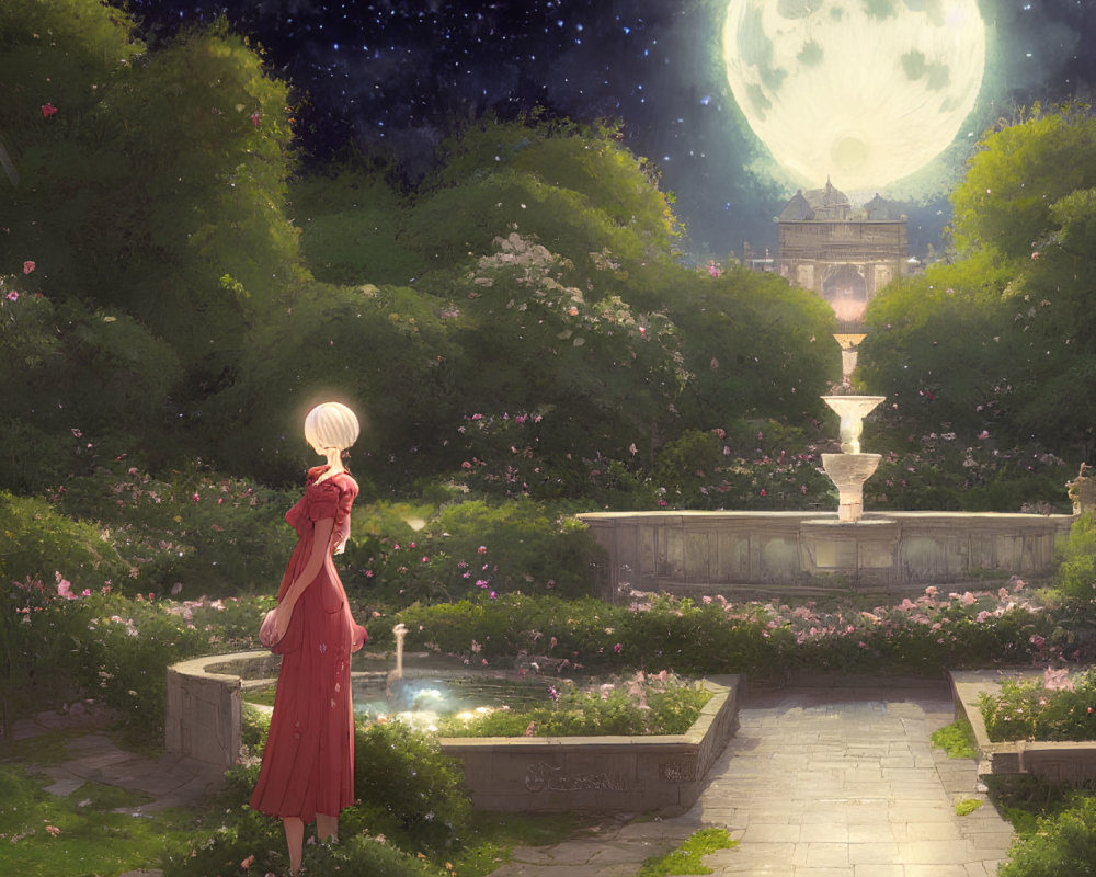 Woman in Red Dress in Night Garden with Moonlit Fountain