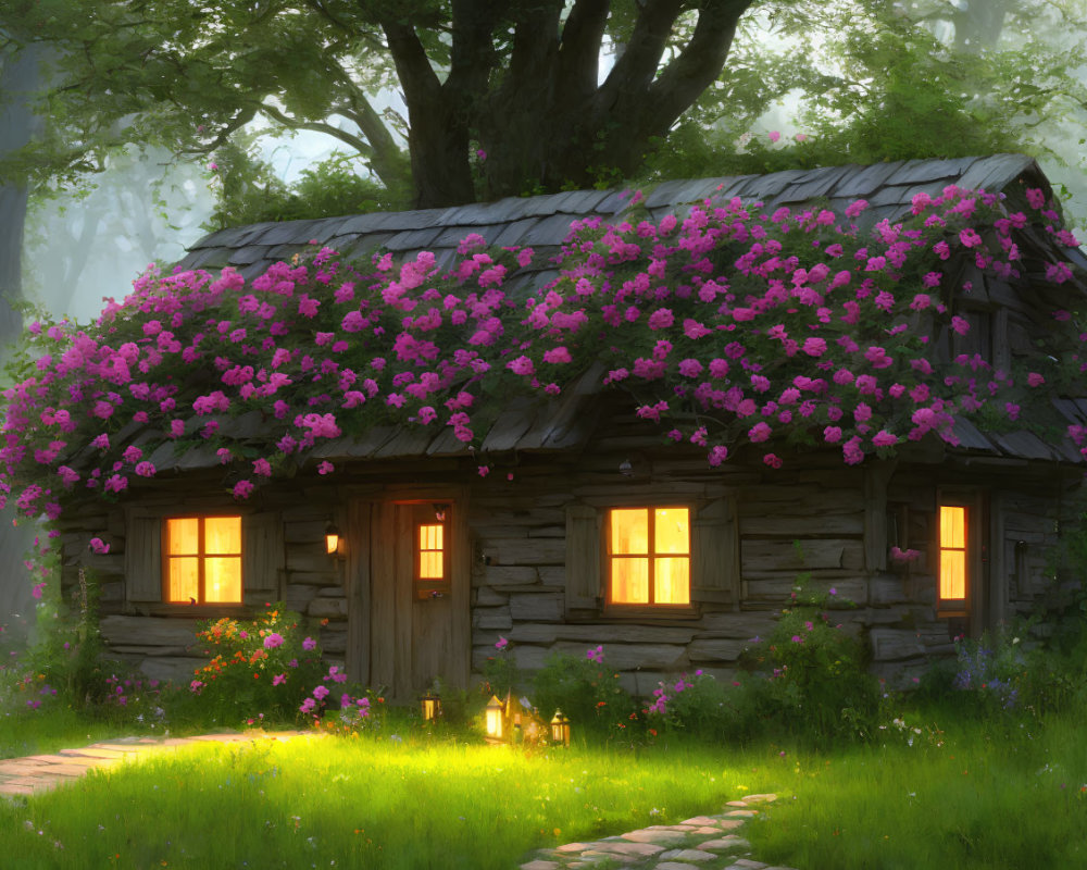 Charming wooden cottage with pink flower roof in lush greenery