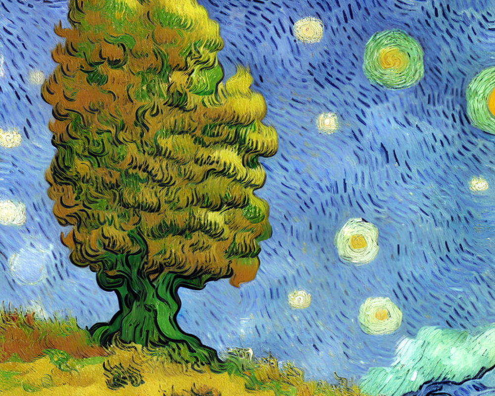 Impressionist painting of yellow cypress tree under starry night sky