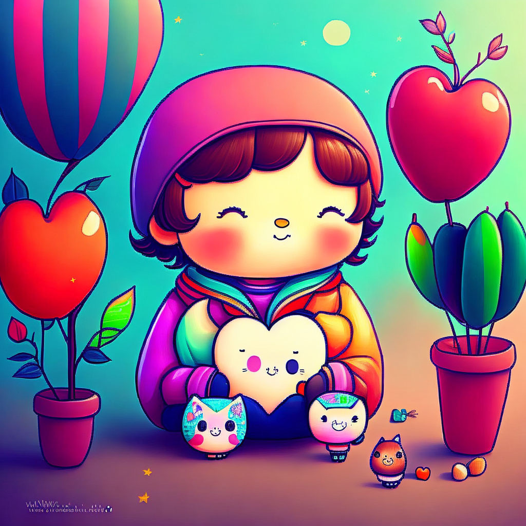 Whimsical illustration of child with heart, plants, fruits, balloon, and creatures