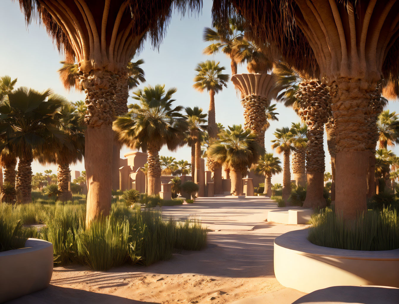 Sandy path with palm trees and classic columns in a desert oasis at sunset