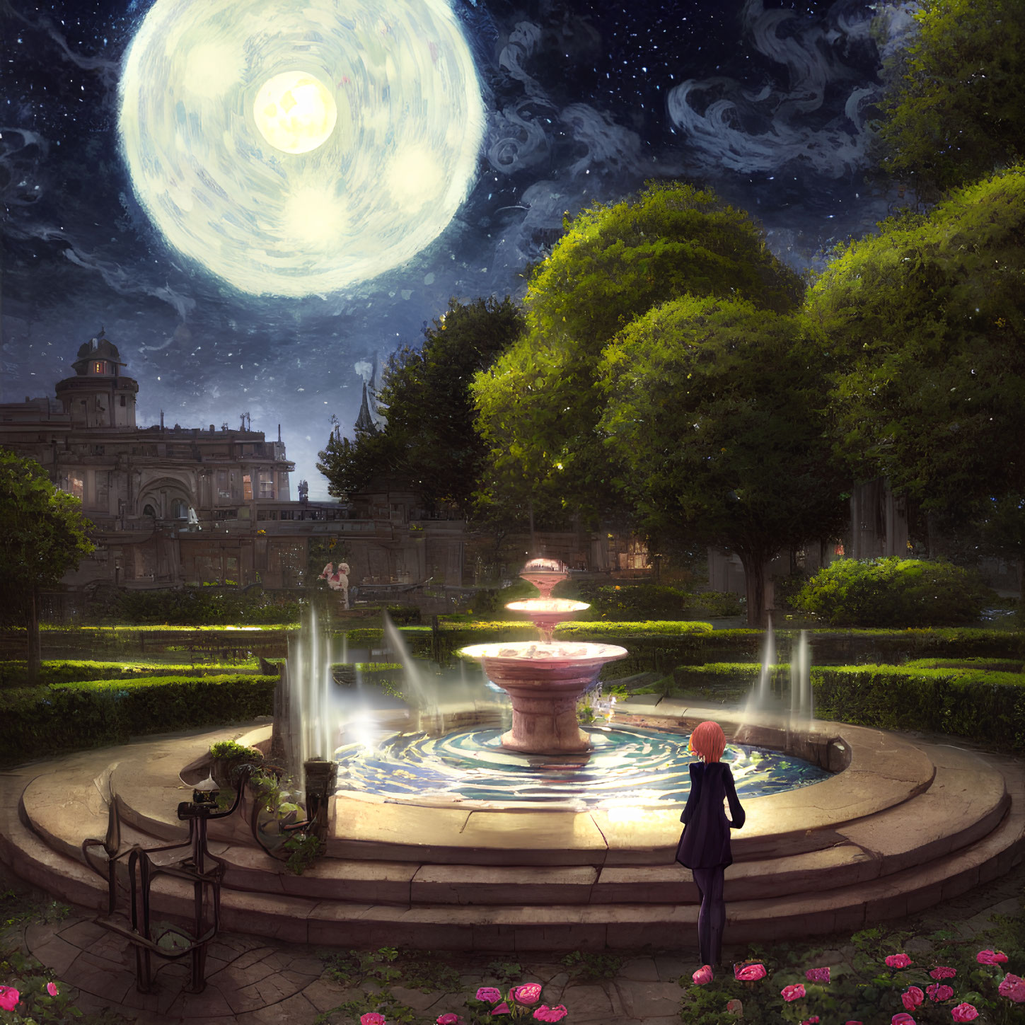 Lush garden scene with fountain, moon, building, and roses