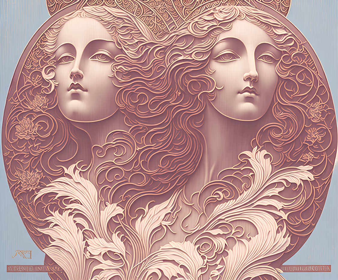 Symmetrical female profiles with intricate hair in pastel tones