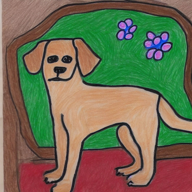 Yellow dog with purple flowers on green background in brown frame