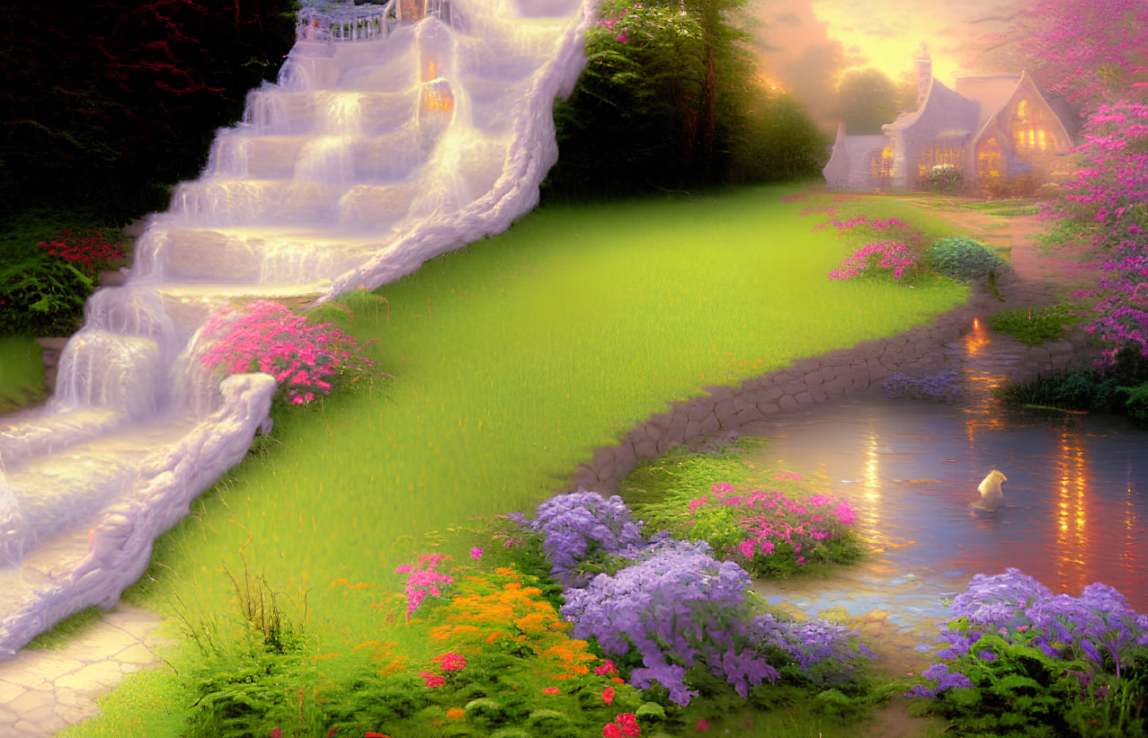 Tranquil garden scene with waterfall, flowers, pathway, cottage, and swan at sunset