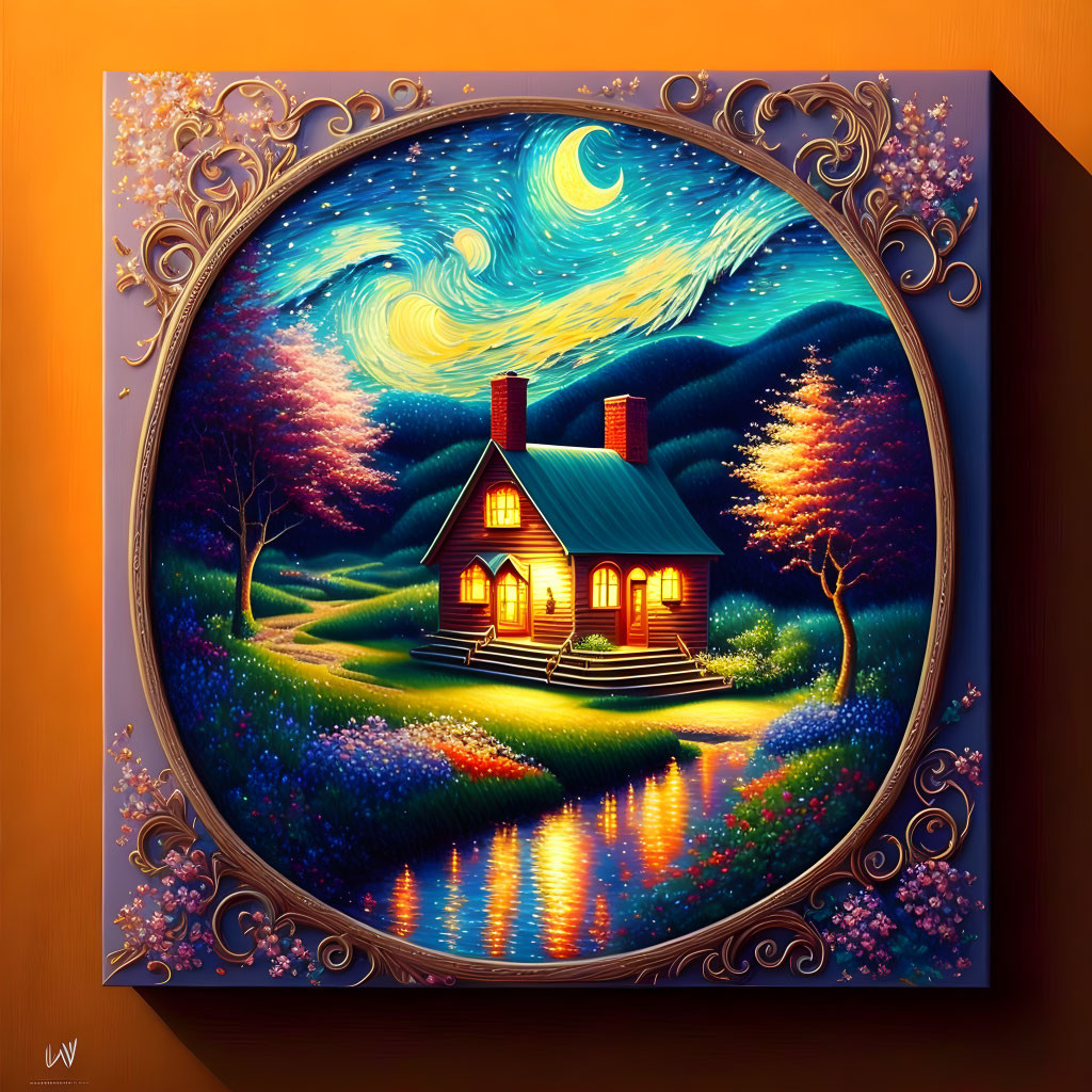 Colorful Nighttime Cottage Painting with Glowing Windows