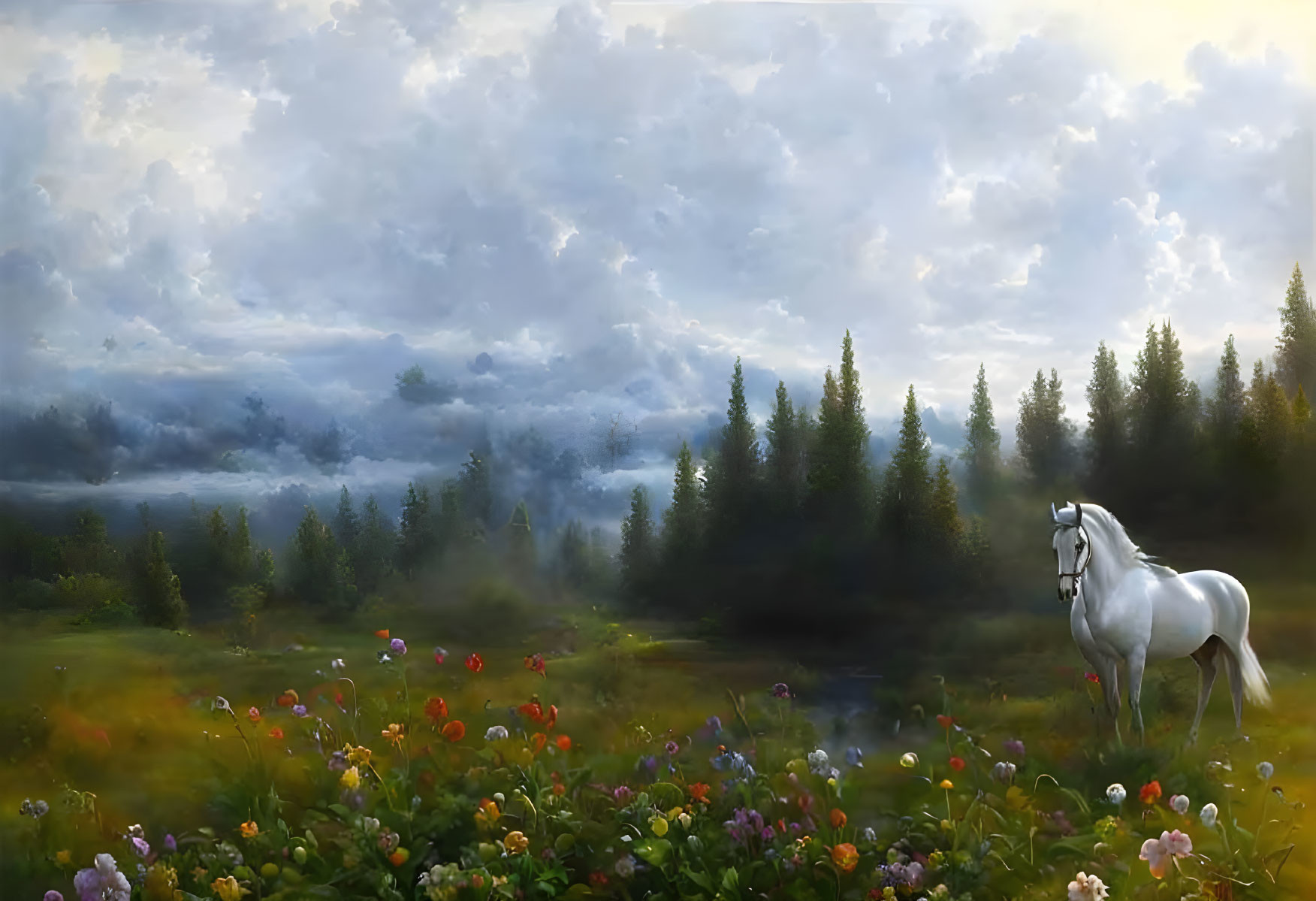 Tranquil landscape with white horse in lush meadow surrounded by forest