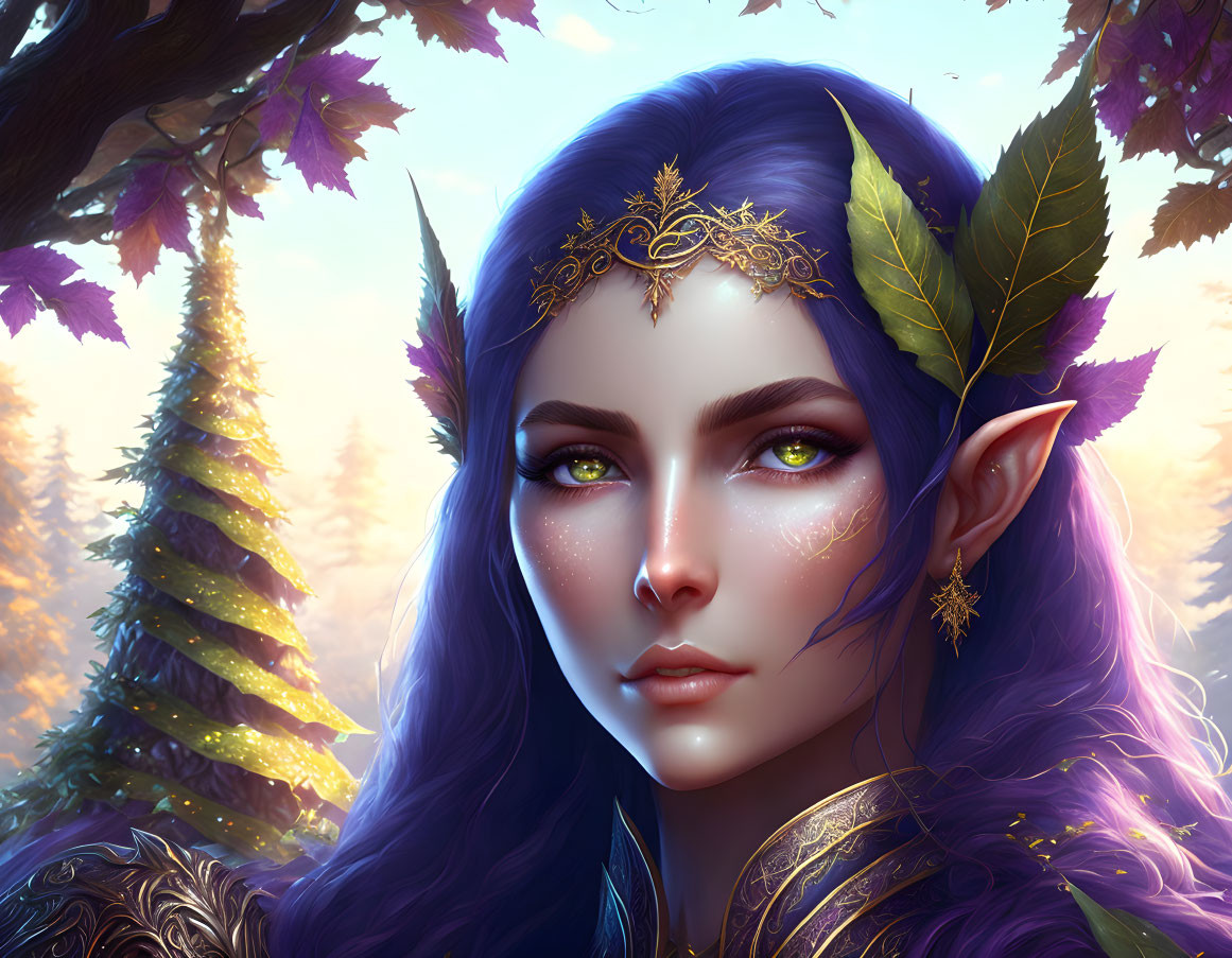 Fantasy elf with violet hair and golden leaf jewelry in purple forest