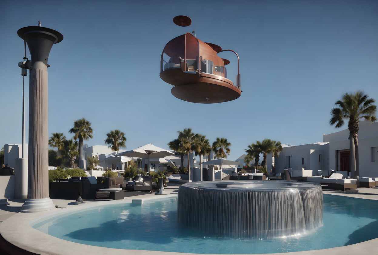 Futuristic hovering structure above poolside with sun loungers, umbrellas, and waterfall feature.