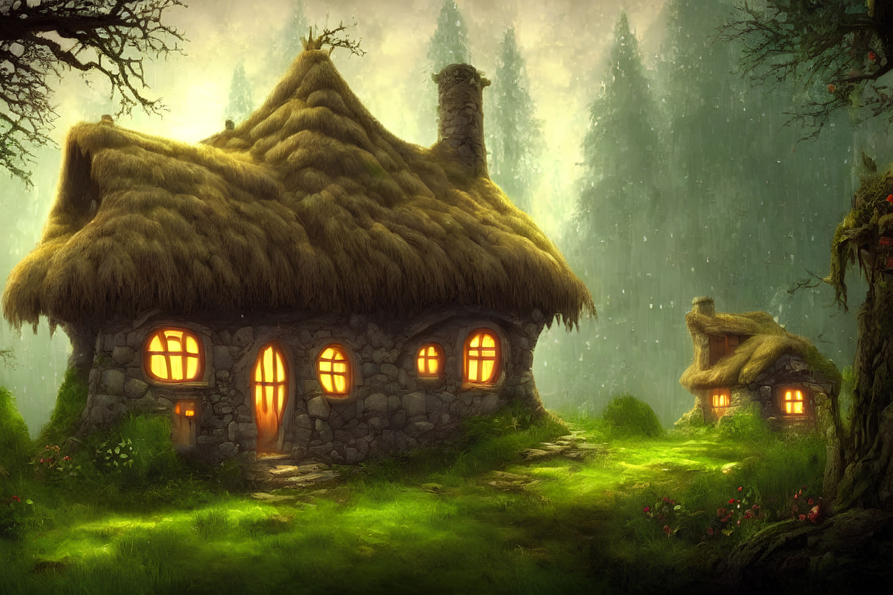 Rustic cottage in an enchanted forest setting