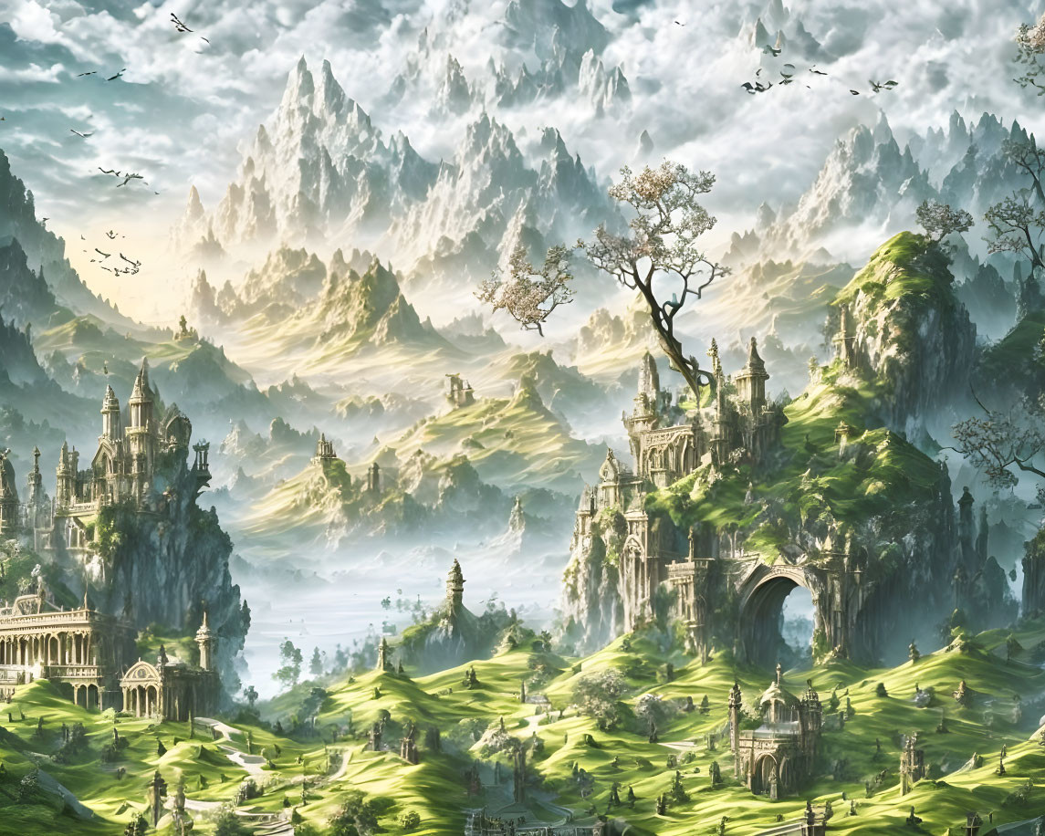 Majestic fantasy landscape with lush hills, mountains, castles, and birds