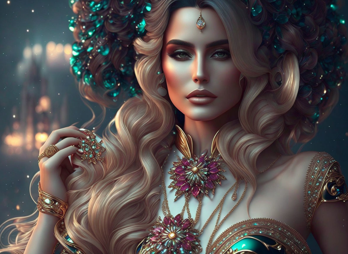 Fantasy portrait of woman with golden hair and jewelry in front of castle.