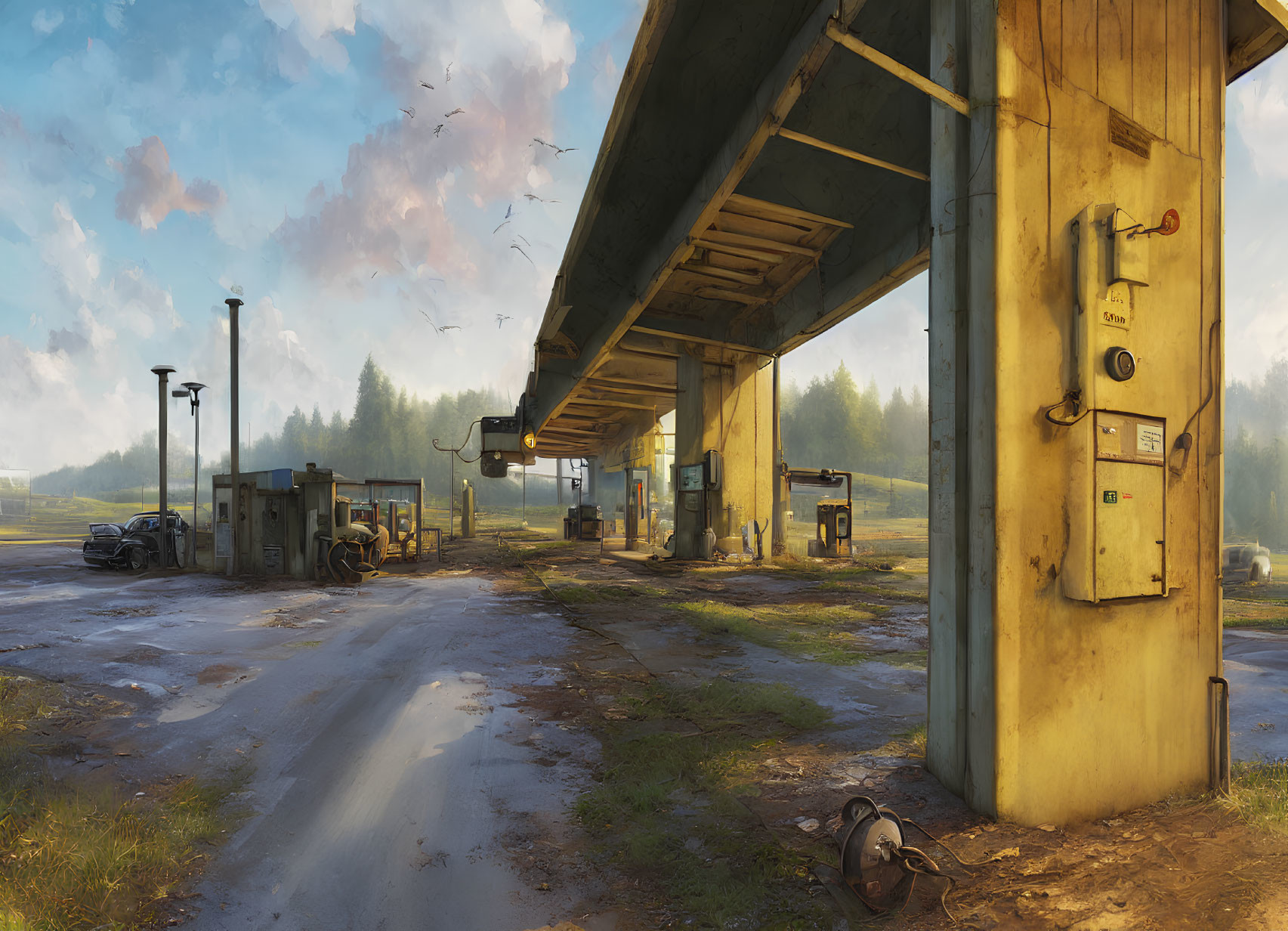 Sunlit industrial scene with concrete structures, electrical boxes, and birds under a bridge