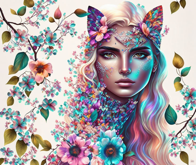 Fantastical woman with floral and feline features in colorful illustration