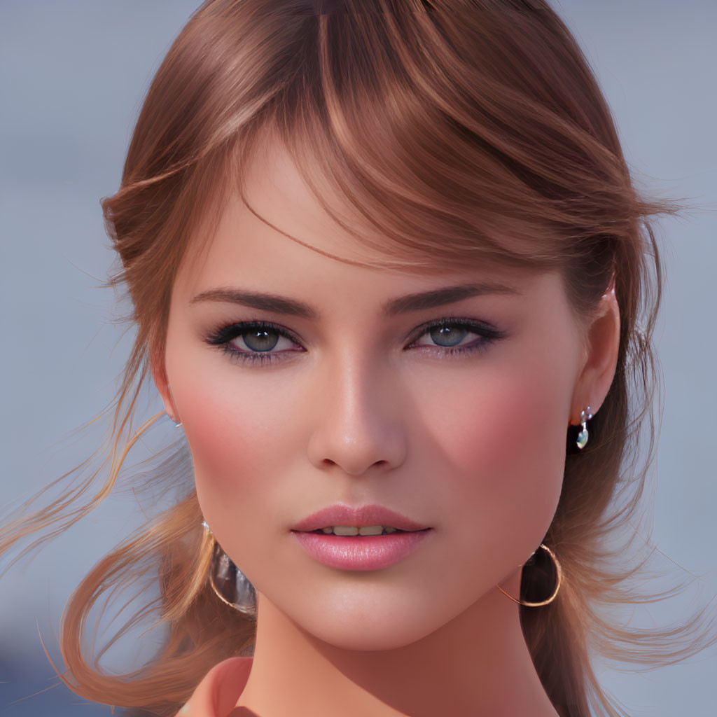 Brown-haired woman with subtle makeup and hoop earrings in digital portrait.