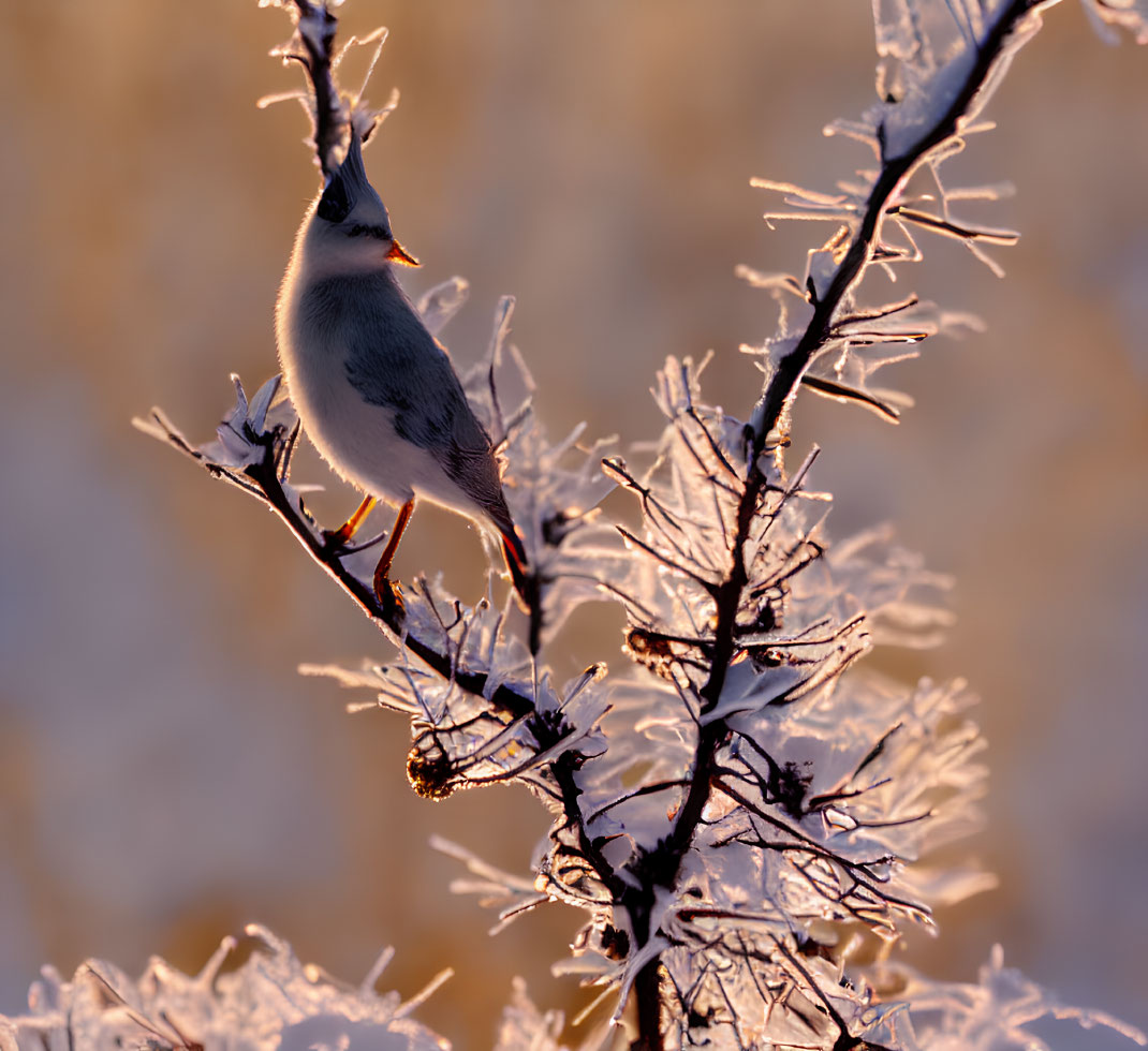 Crested bird on frost-covered branches with soft-focus background