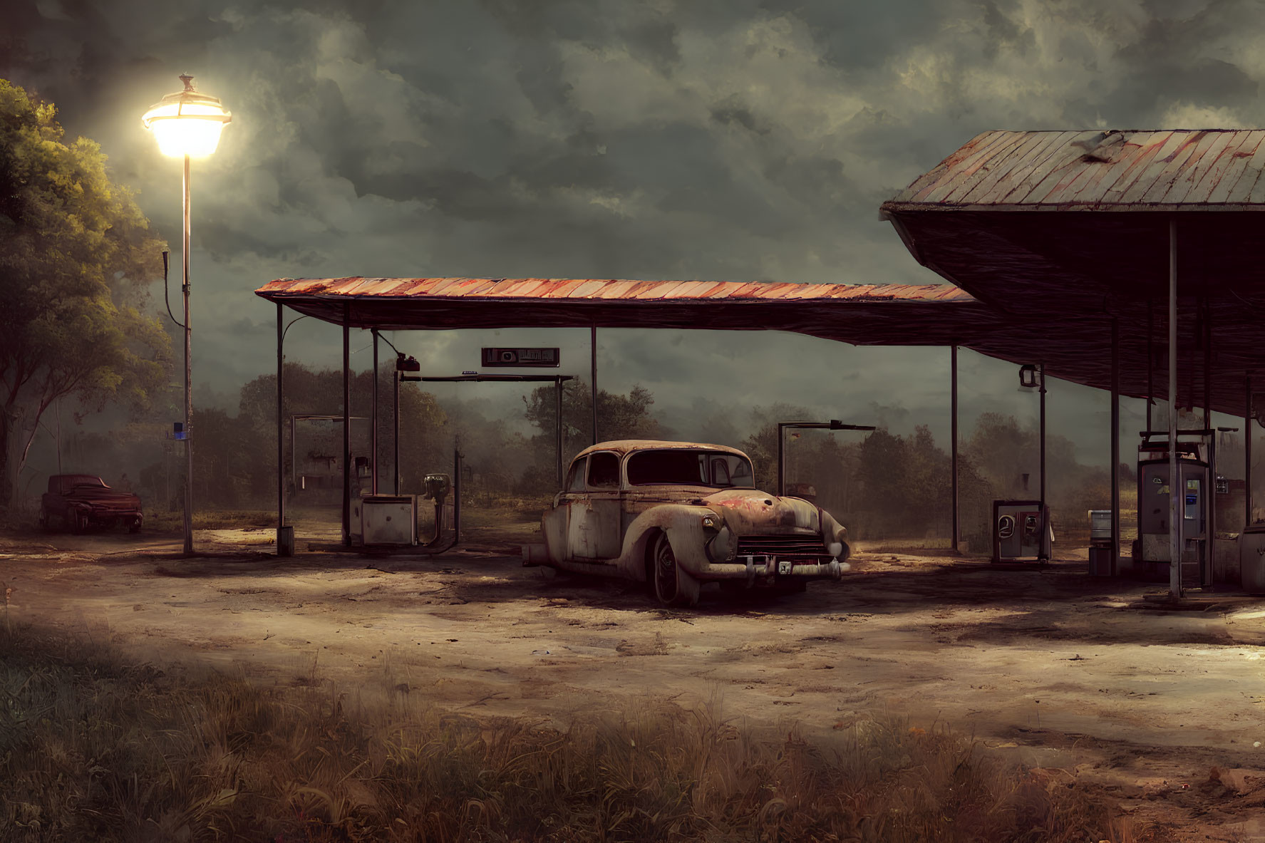 Abandoned rusted car at vintage gas station under gloomy sky