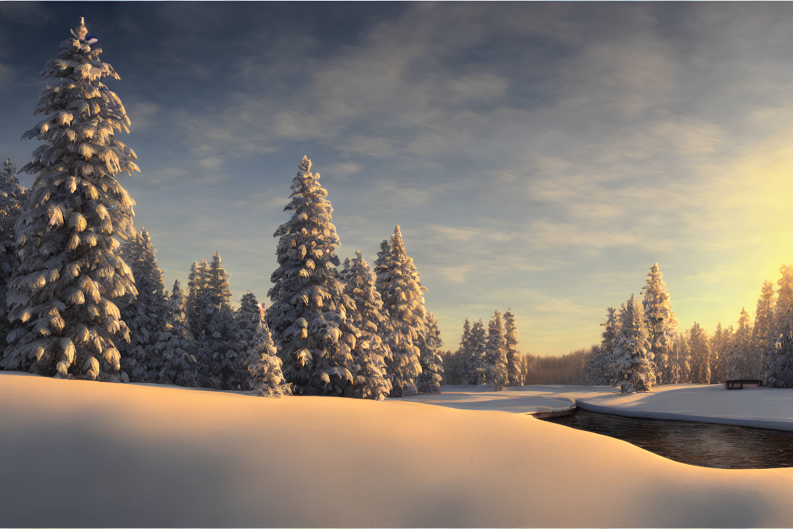 Snow-covered trees by frozen river in serene winter landscape