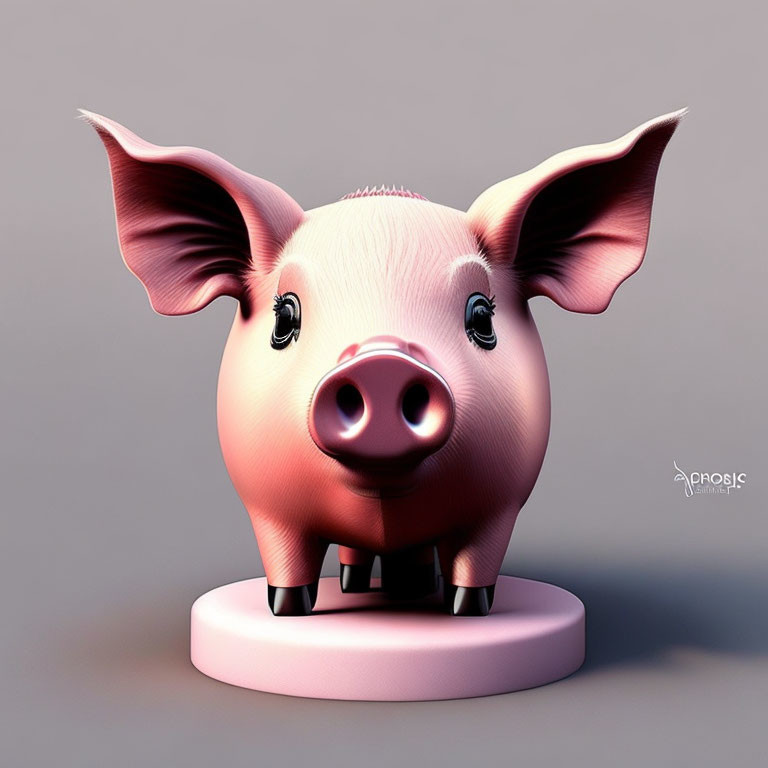 Pink pig 3D illustration with large ears and smiling face on pedestal