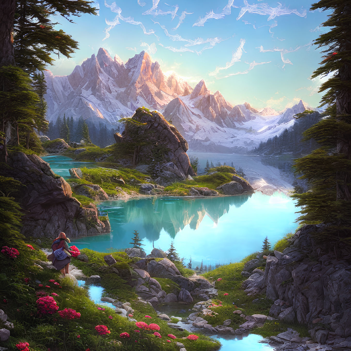 Tranquil mountain scene with hiker, reflective lake, greenery, flowers, snowy peaks