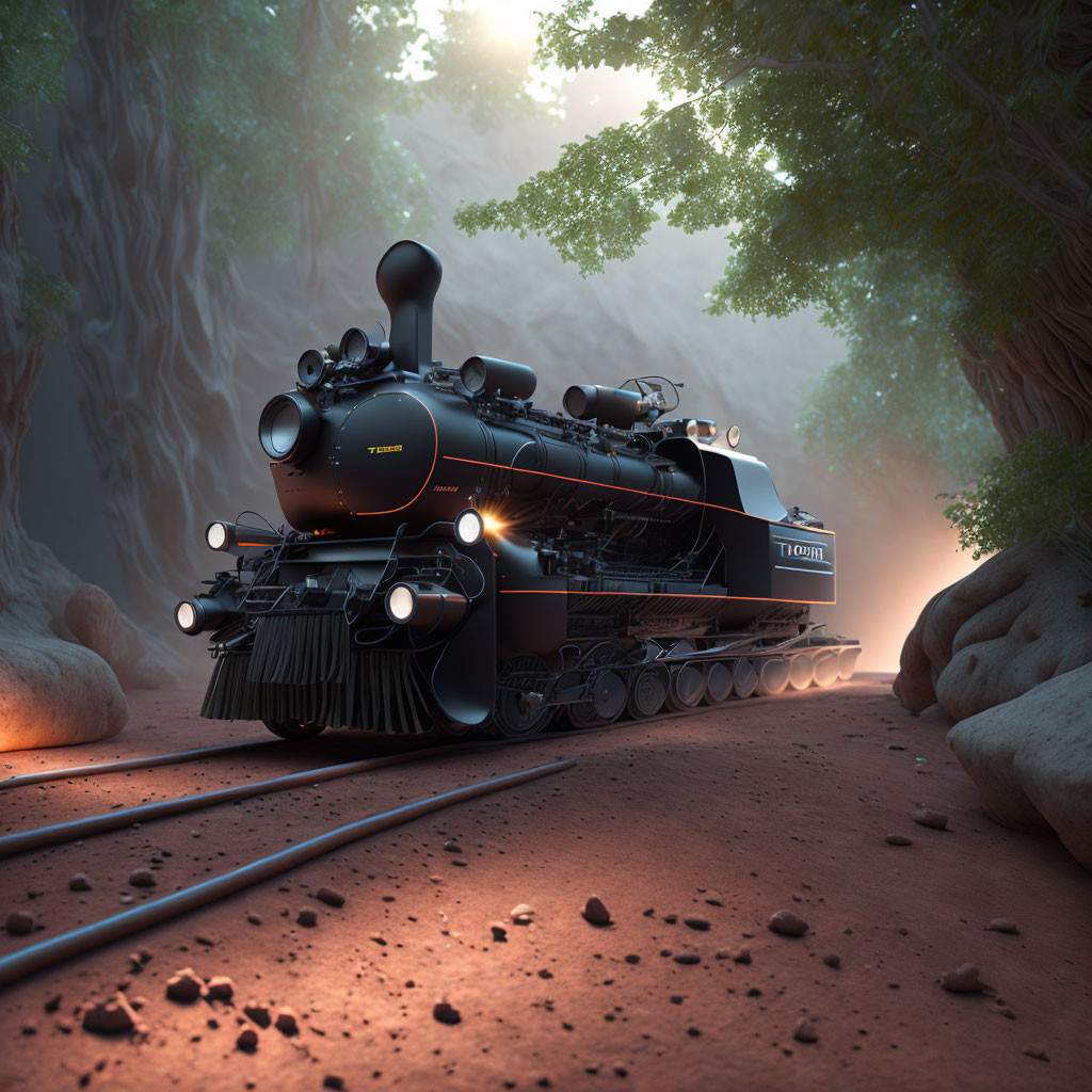 Vintage black steam locomotive "Titan" travels through misty forest on tracks