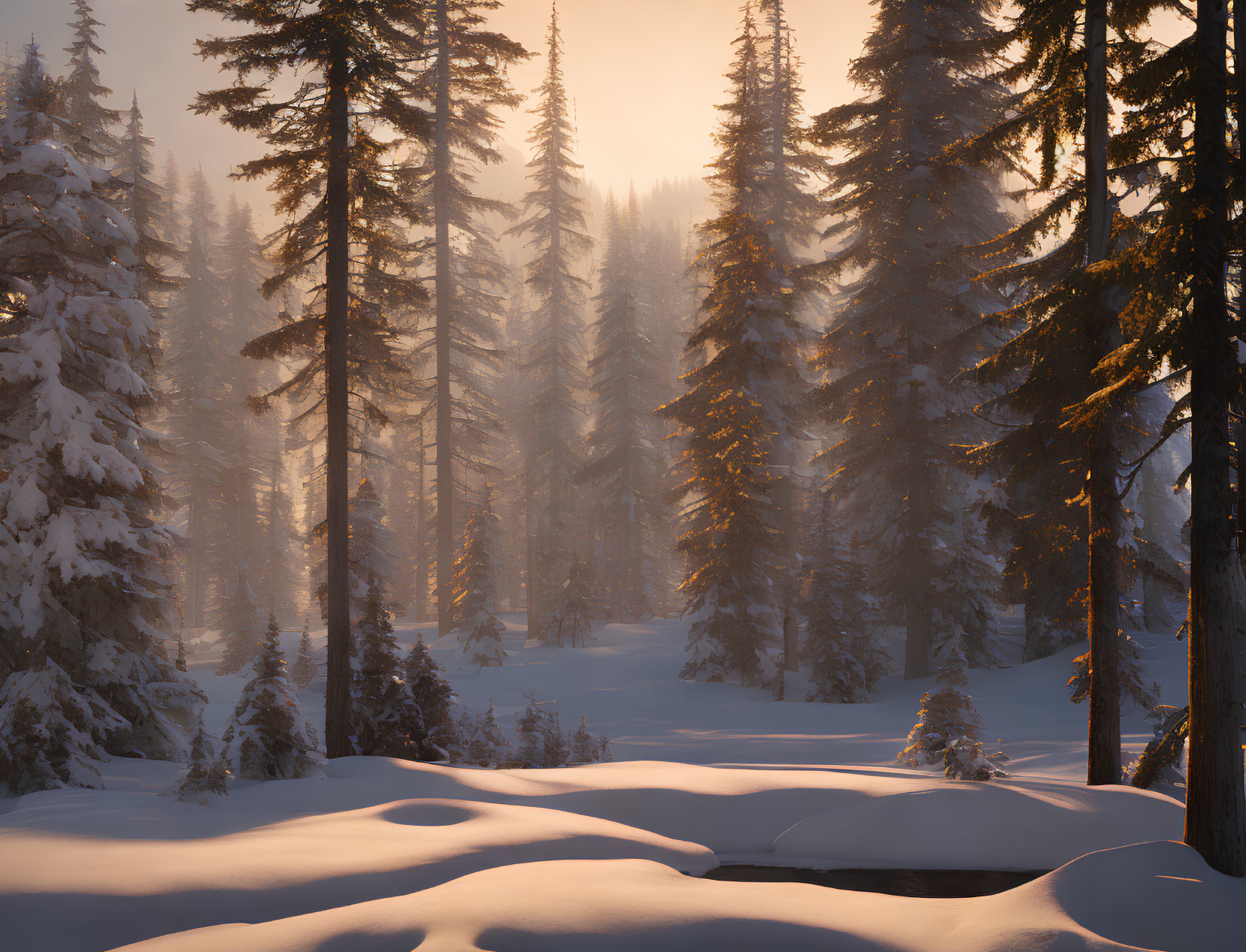 Sunset over Snowy Evergreen Forest with Long Shadows