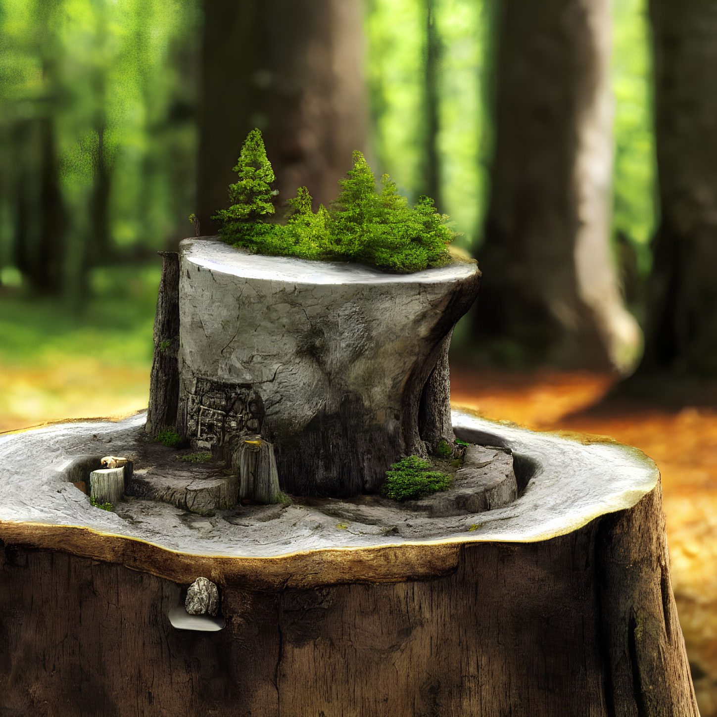 Miniature fantasy scene with small house, pathway, shrubbery, and trees on tree stump