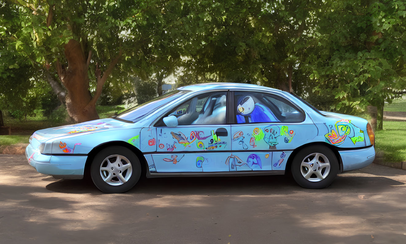 Custom Cartoon Character Design Sedan Car Parked Under Tree