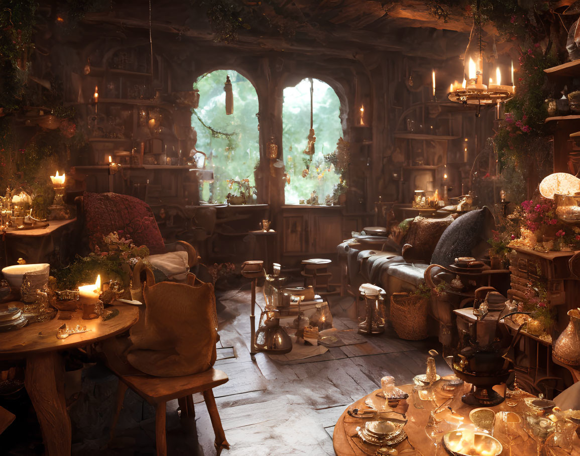 Rustic Cottage Interior with Candlelight, Wood Furniture, Plush Cushions