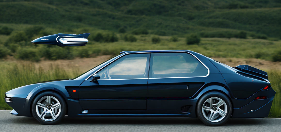 Blue sports sedan on road with futuristic hovering ad in green hills landscape