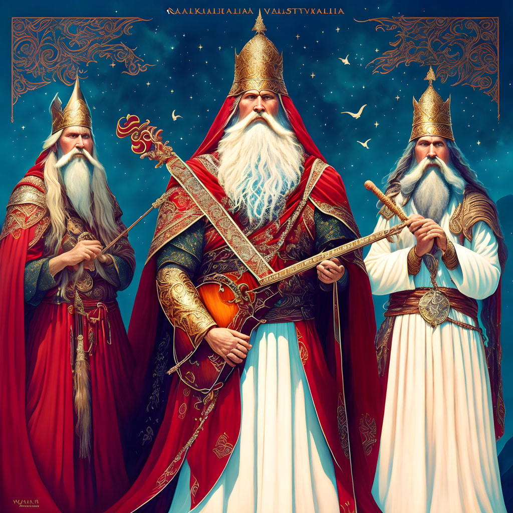 Three majestic figures in ornate robes and tall hats with staffs and harp, against blue sky