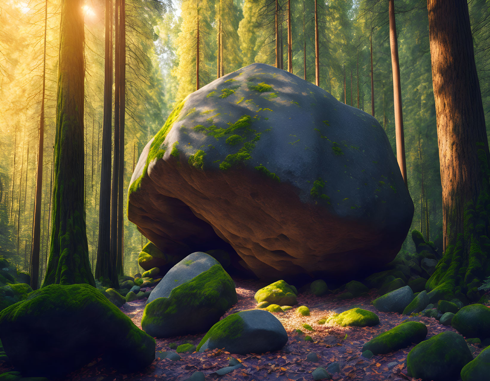 Forest scene: Sunlight on mossy boulder and rocks