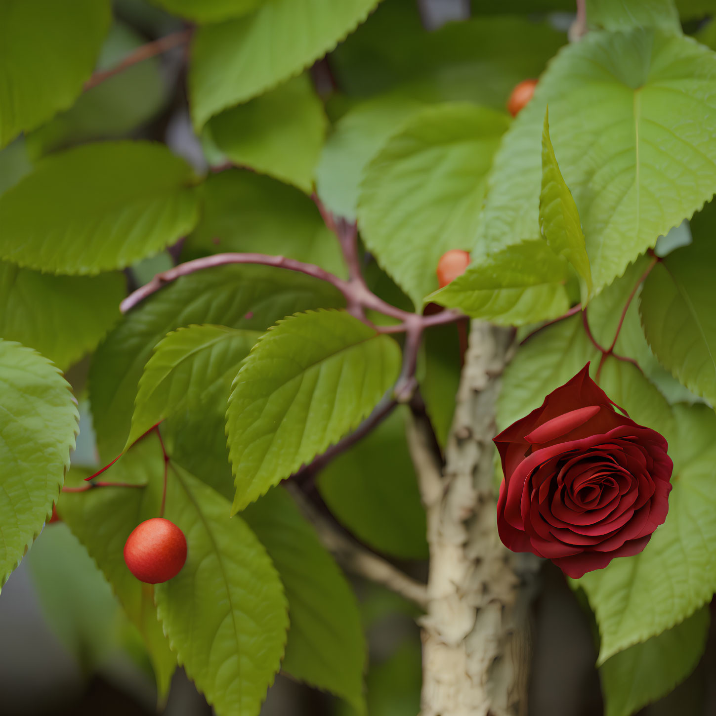 Red rose on cherry tree branch with green leaves and cherries.