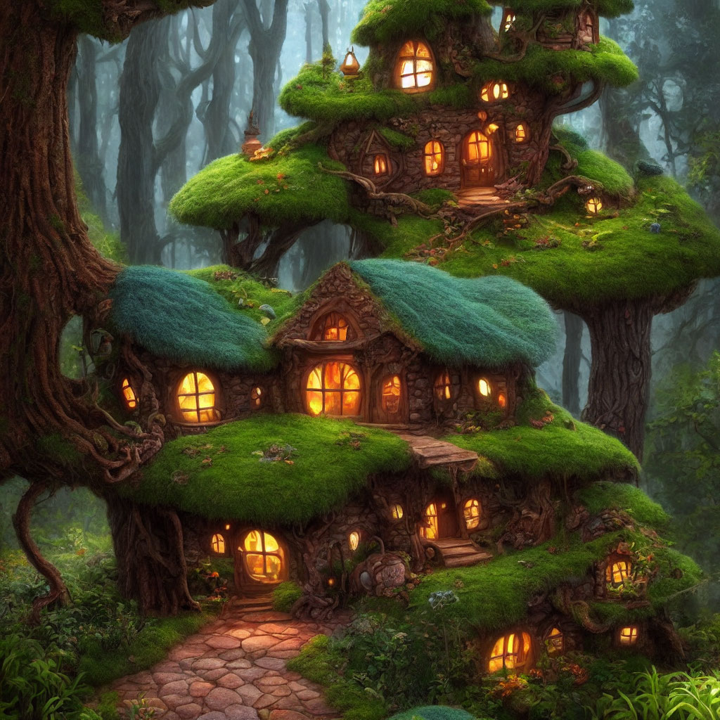 Magical Enchanted Forest with Moss-Covered Trees and Whimsical Houses