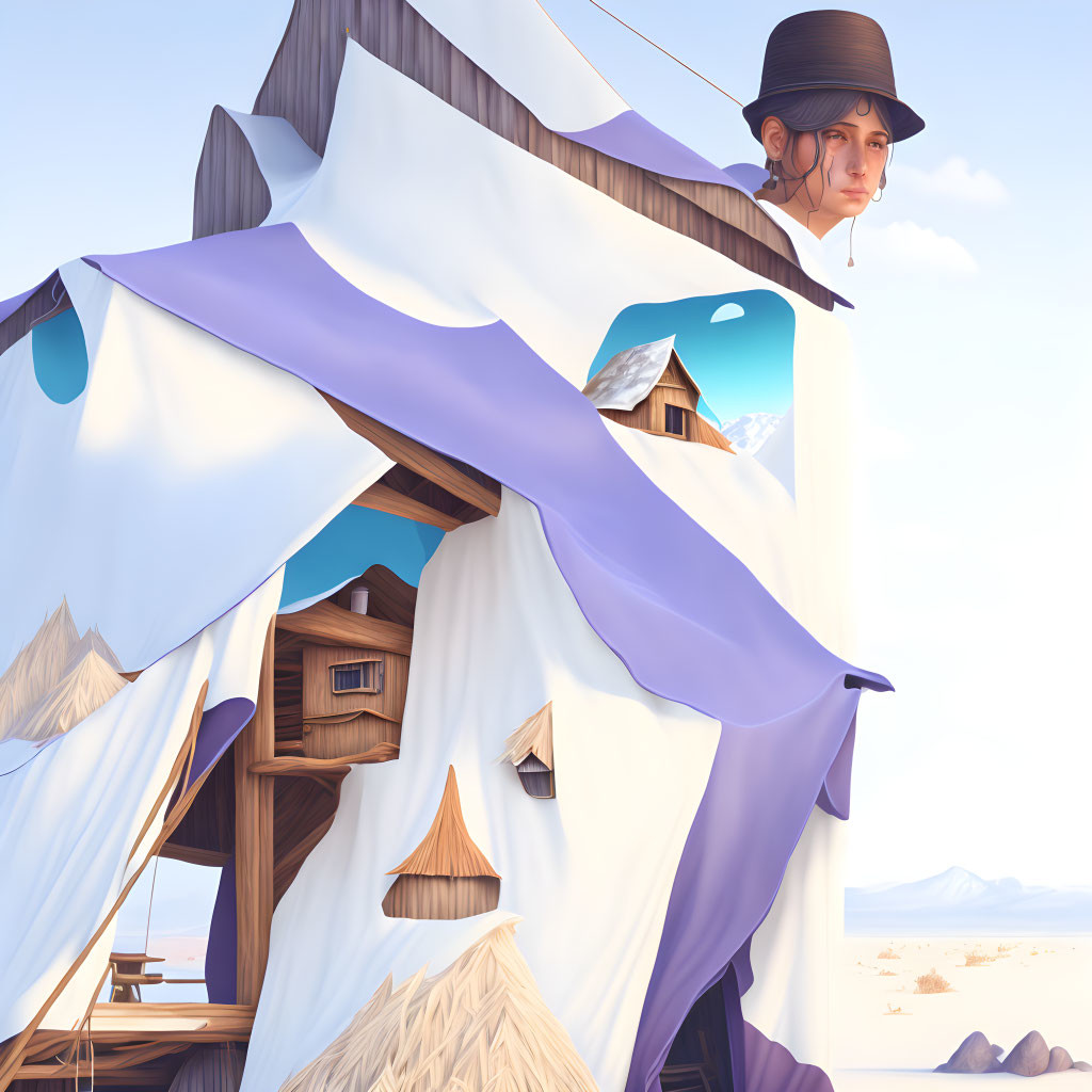 Illustration of person in wide-brimmed hat by snowy building, mountains, desert.