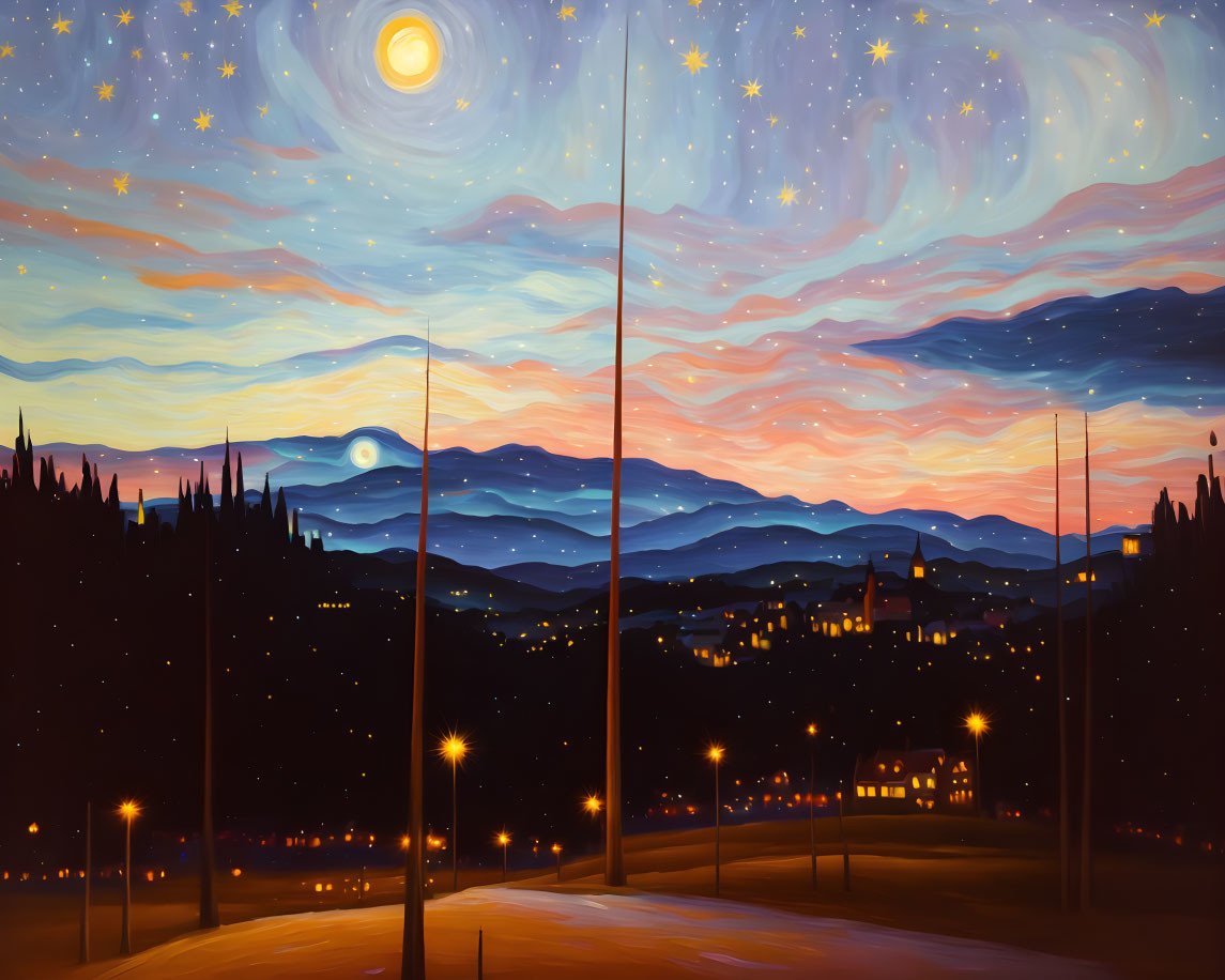 Starry night painting: crescent moon, swirling clouds & illuminated street lights