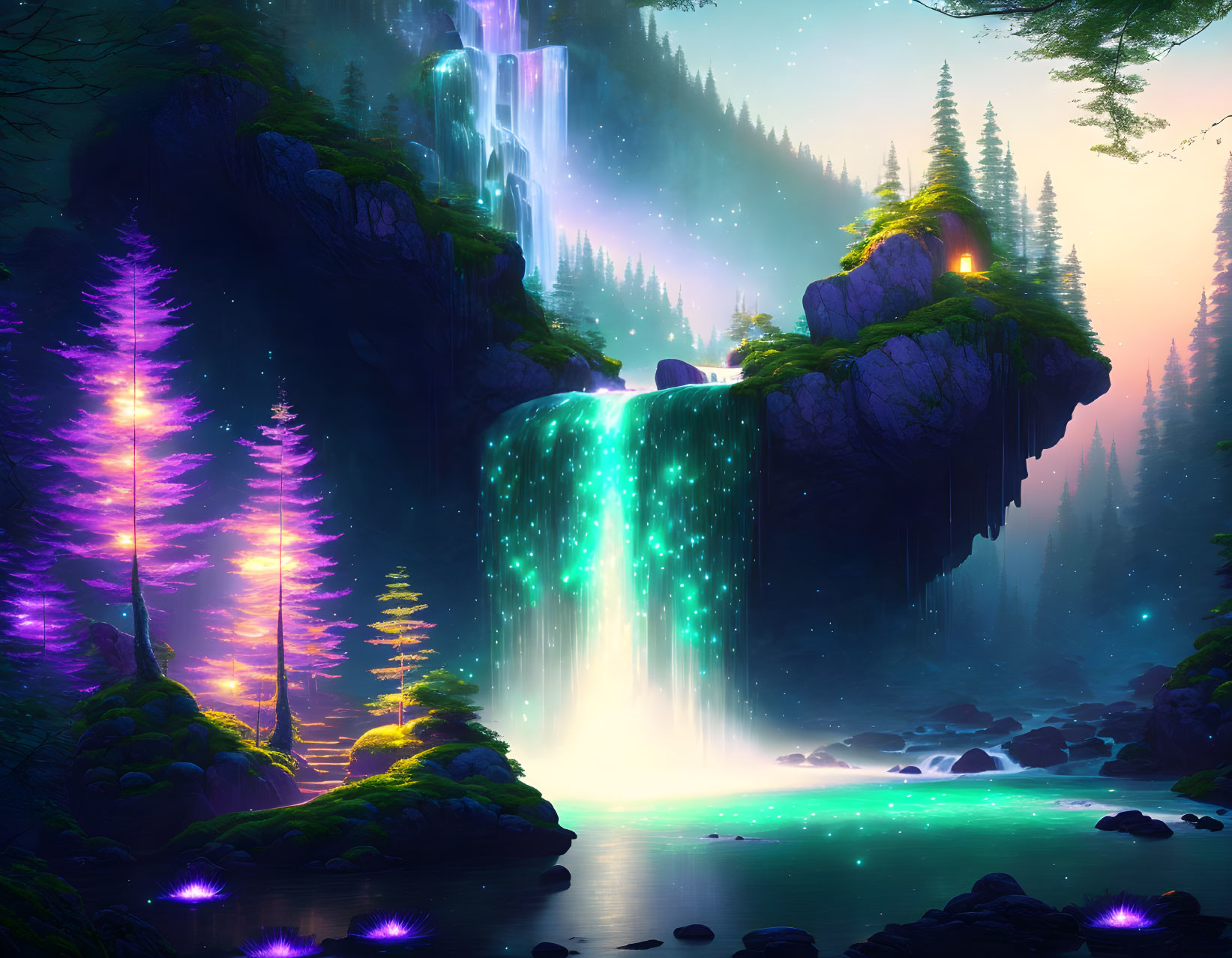 Mystical waterfall in serene fantasy forest