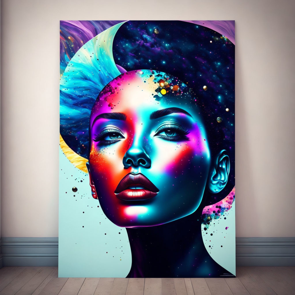 Colorful abstract portrait with cosmic and fluorescent themes in a room