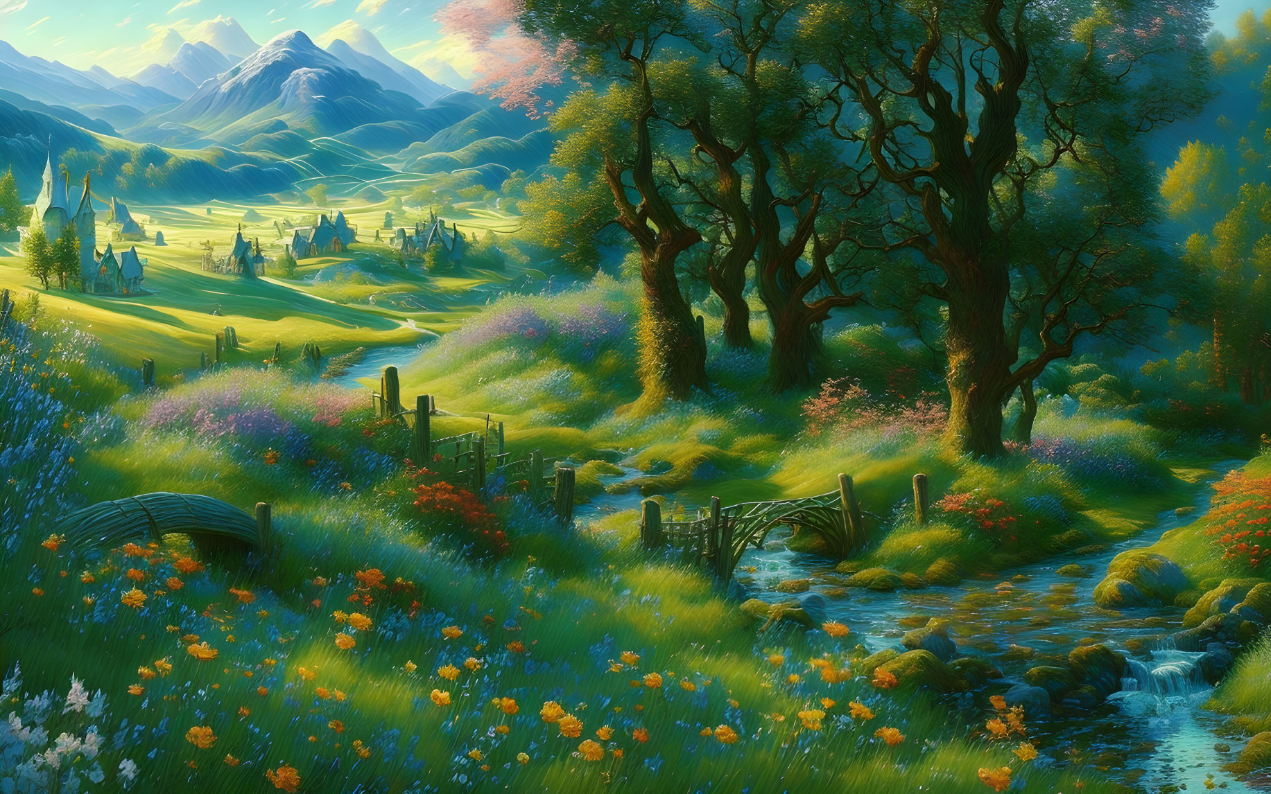 Colorful fantasy landscape with trees, wildflowers, stream, bridges, castles, mountains