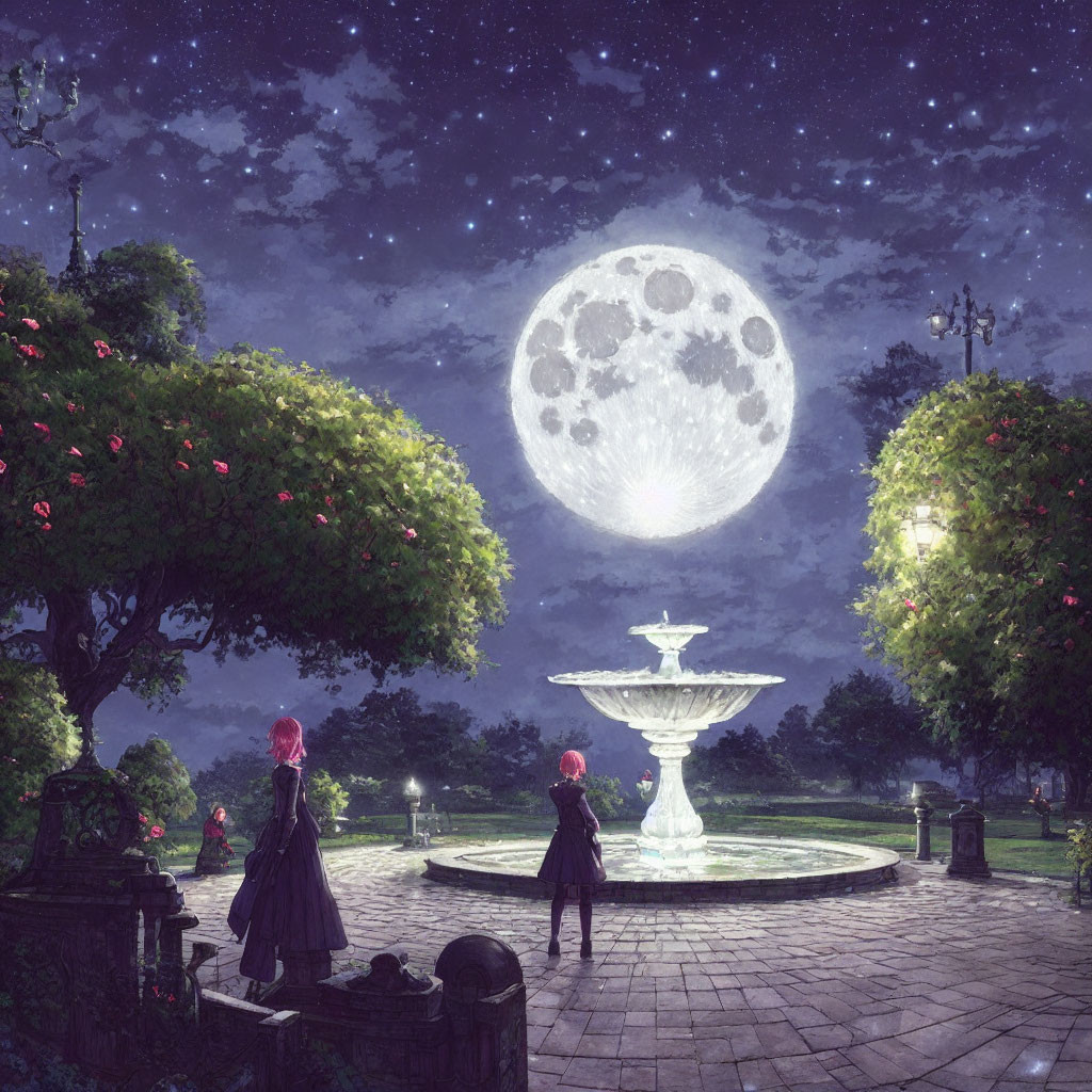 Night scene with individuals by fountain and moon in serene park