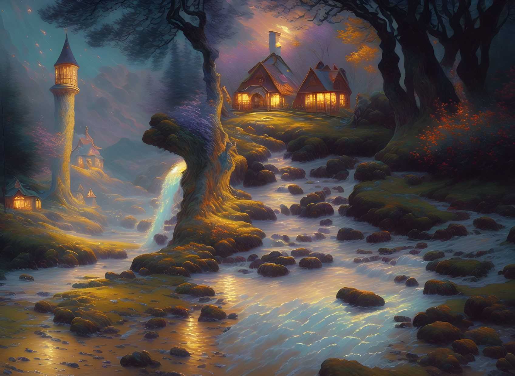 Enchanting fantasy landscape with glowing cottage, stream, lush woods, and ancient towers