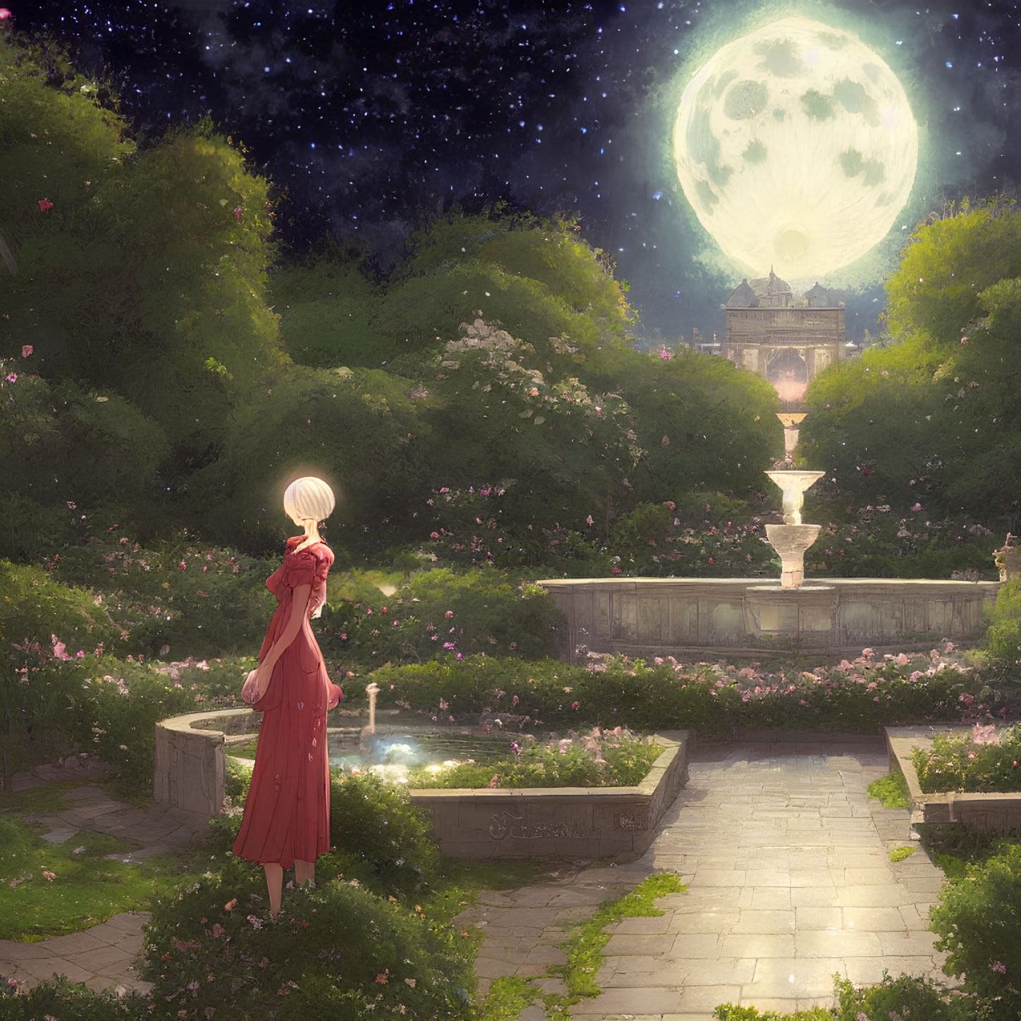 Woman in Red Dress in Night Garden with Moonlit Fountain